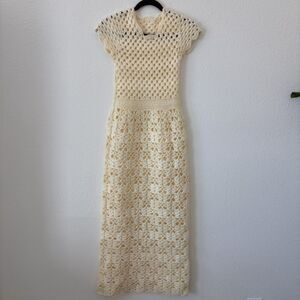 Hand Crochet Maxi Dress Size XS/SM Cream Grandmacore Coquette Chunky Knit Winter